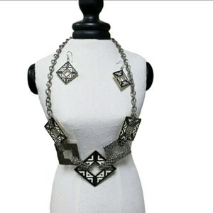 Retro geometric black white silver diamond shape necklace & earrings